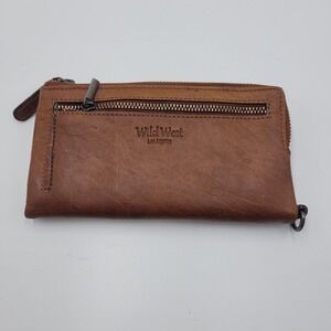 Wild West Los Angeles Brown Leather Bifold Wallet Plaid Lining Zip Around Pocket
